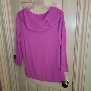 Misses Sz L Jones New York Signature Knit Sweater Cowlneck Collar Buttons